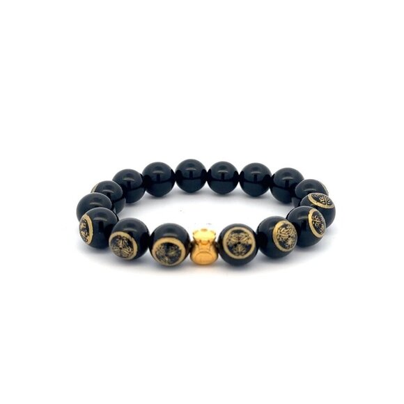 RAFANTHIA Jewelry - 24K Yellow Gold Money Bag Lucky Bracelet Carved Black Agate Gemstones 10mm